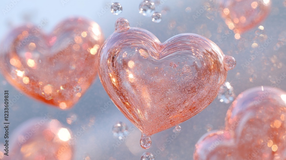 Obraz premium Rosy Glass Hearts Floating In Water Droplets