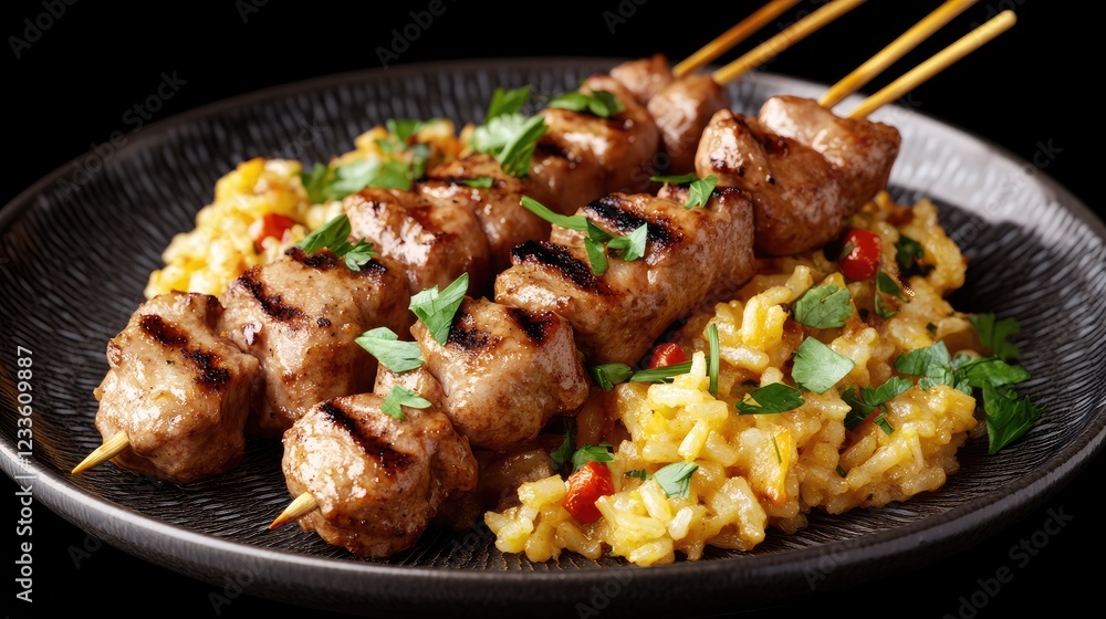 Grilled meat skewers with saffron risotto. Delicious meal, restaurant food Grilled meat skewers with saffron risotto. Delicious meal, restaurant food