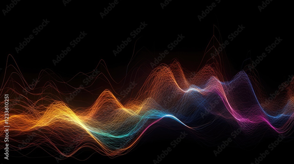 Obraz premium Abstract Colorful Waves: Vibrant, multicolored waves flow across a dark background, creating an abstract and dynamic visual experience. The colors shift and blend seamlessly.