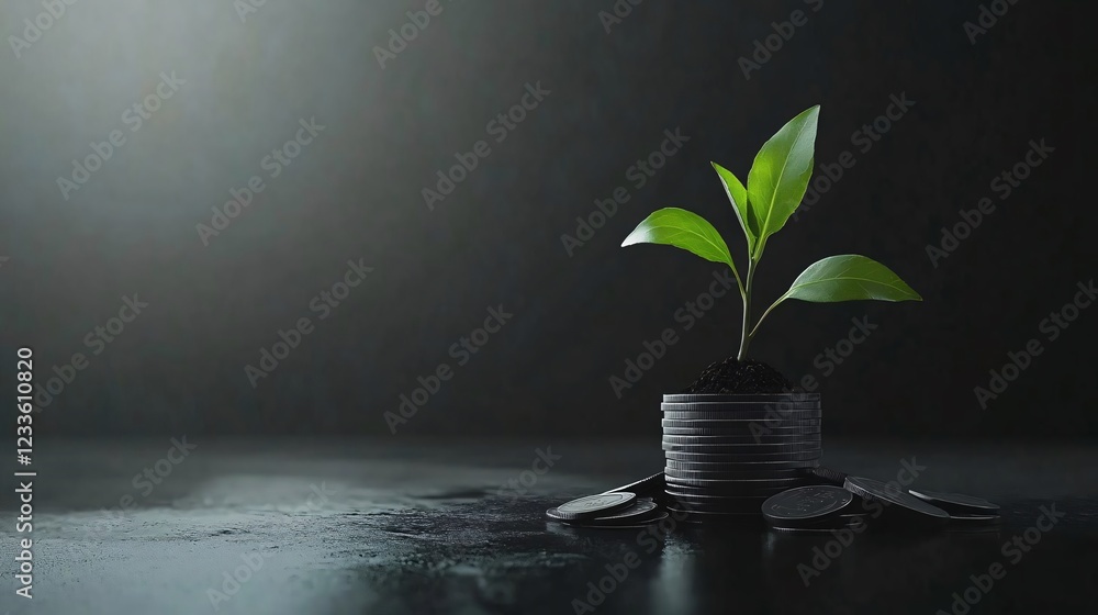conceptual representation of a plant sprouting from a stack of coins, symbolizing financial investment and sustainable growth with copy space conceptual representation of a plant sprouting from a stack of coins, symbolizing financial investment and sustainable growth with copy space