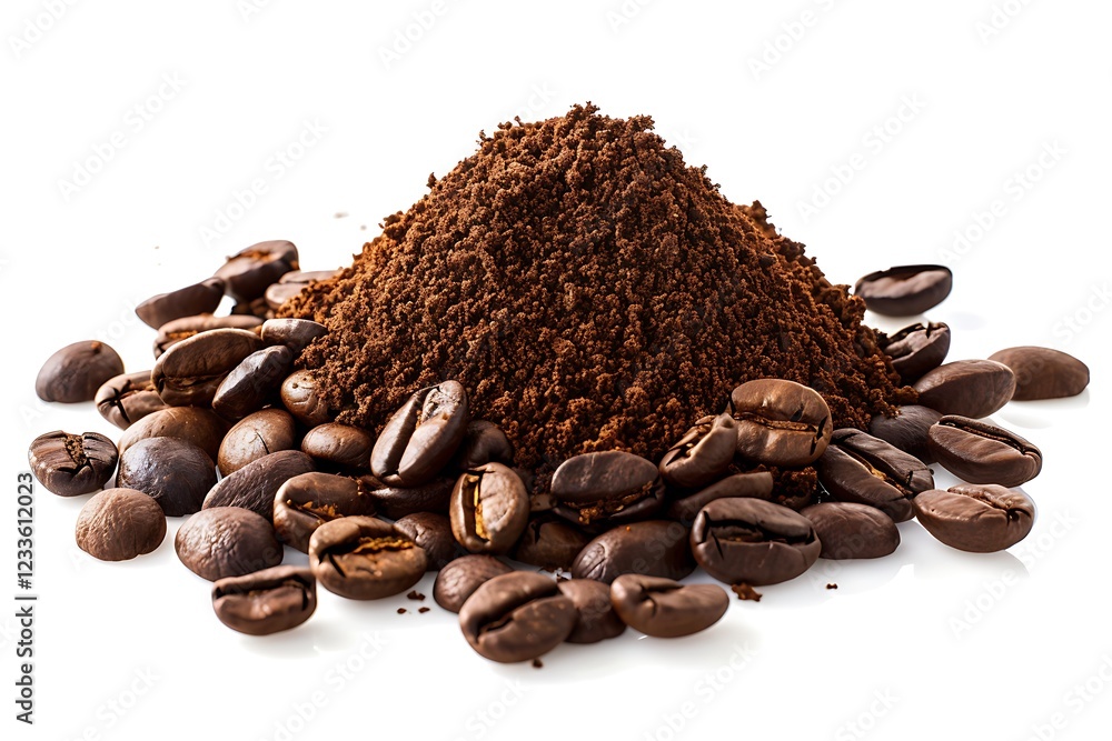 Heap of ground coffee and beans on white background Heap of ground coffee and beans on white background