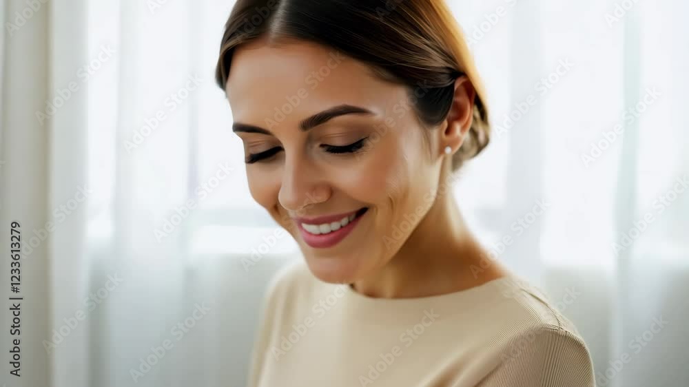 Cinematic Minimalist Portrait of a Smiling Woman in a Light Top Cinematic Minimalist Portrait of a Smiling Woman in a Light Top