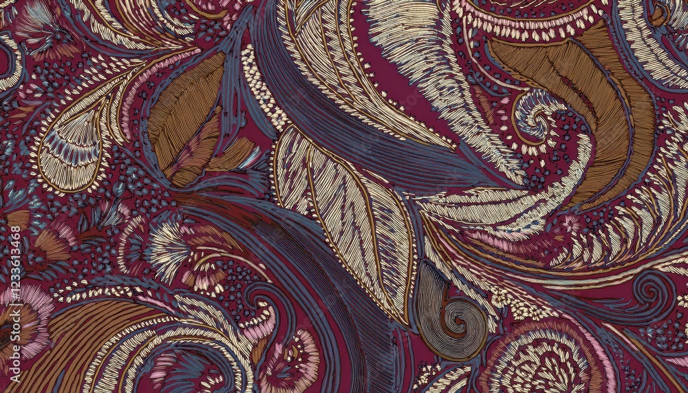 Striking Textured Fabric Pattern Showcasing a Blend of Geometric Shapes and Organic Elements, Displaying Intricate Craftsmanship in the Art of Decorative Design. Striking Textured Fabric Pattern Showcasing a Blend of Geometric Shapes and Organic Elements, Displaying Intricate Craftsmanship in the Art of Decorative Design.