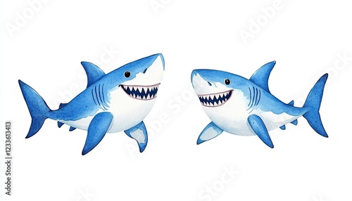 Two cartoon sharks swimming joyfully in a vibrant underwater scene with colorful marine life photo