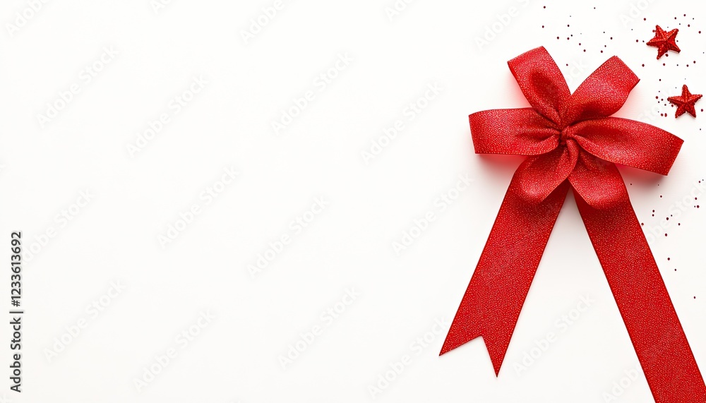 Decorative red bow with stars and glitter on a white background, ideal for festive occasions Decorative red bow with stars and glitter on a white background, ideal for festive occasions