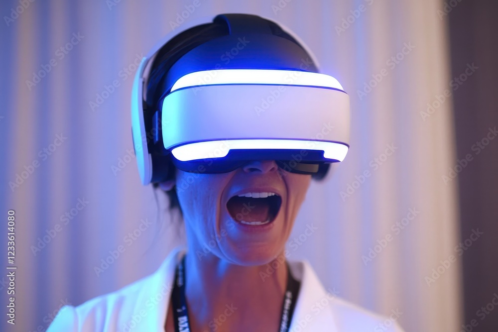 Excited Woman Wearing Virtual Reality Headset Experiencing Immersive Technology with Joyful Expression in Modern Setting Excited Woman Wearing Virtual Reality Headset Experiencing Immersive Technology with Joyful Expression in Modern Setting