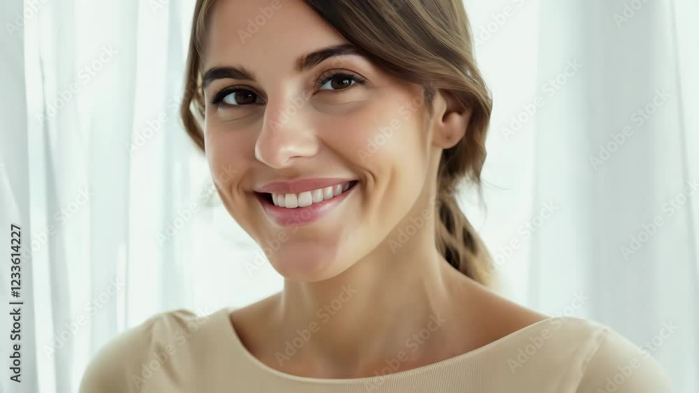 Cinematic Minimalist Portrait of a Smiling Woman in a Light Top Cinematic Minimalist Portrait of a Smiling Woman in a Light Top