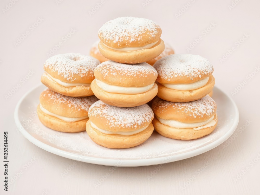 Profiterols stacked on a white plate with powdered sugar, profiterols, sweet treats
