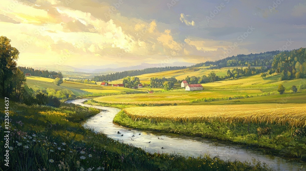 Obraz premium Serene Summer Sunset over Rolling Hills and River