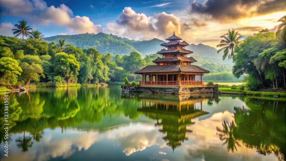 Ancient, serene, and majestic temple surrounded by lush greenery and a tranquil lake , nature, ancient, nature Ancient, serene, and majestic temple surrounded by lush greenery and a tranquil lake , nature, ancient, nature