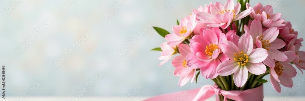 Pastel pink ribbon delicately tied around a bouquet of flowers, spring, bouquet, feminine Pastel pink ribbon delicately tied around a bouquet of flowers, spring, bouquet, feminine