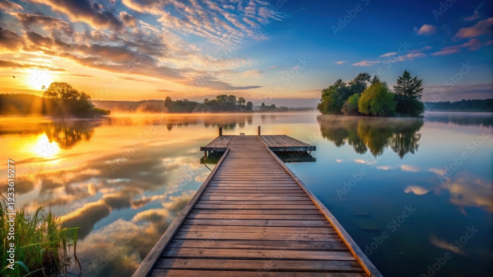 Fototapeta premium Wooden pier at sunrise over calm lake, serene water, outdoor landscape