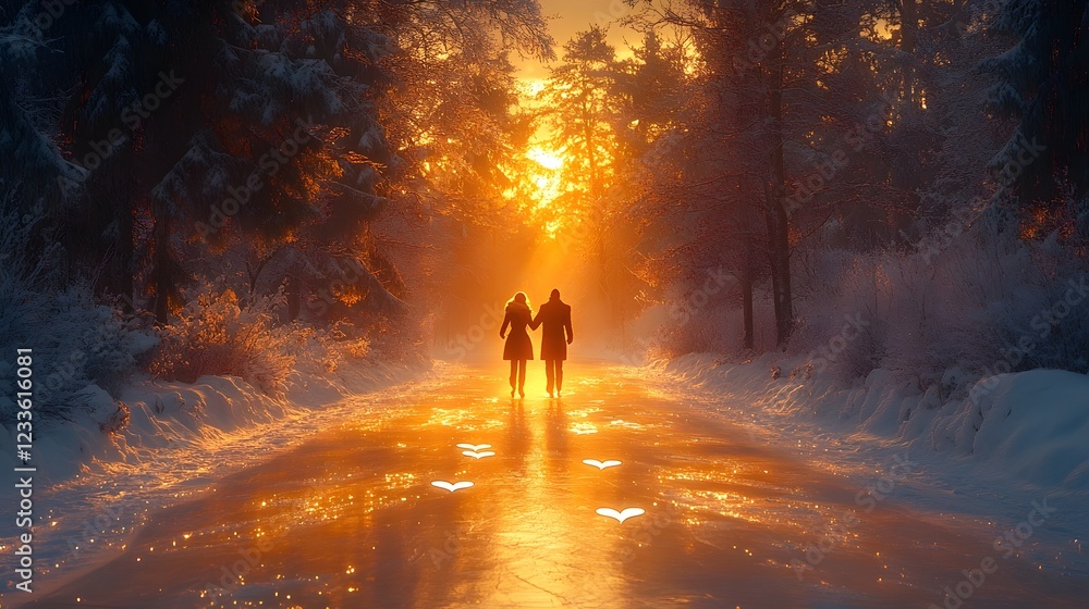 Fototapeta premium Enchanting Couple s Winter Wonderland Stroll Through Glowing Forest Landscape