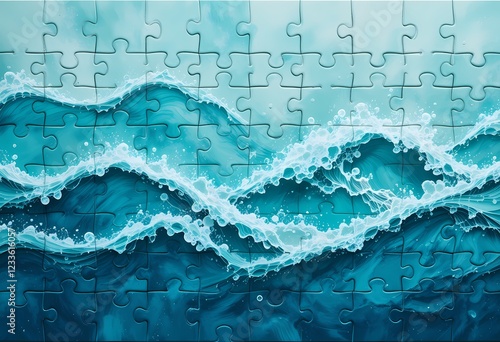 Jigsaw puzzle depicting ocean waves. Teal, blue, and white.