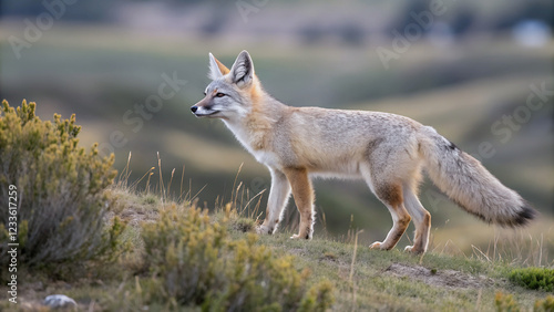 A Corsac fox, its coat blending seamlessly with the surrounding grasslands.The fox's alert posture suggests a watchful presence in its natural habitat.