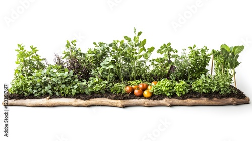 A vibrant permaculture vegetable garden featuring a variety of plants like beans, tomatoes, and herbs growing together sustainably, isolated on a white background
 photo