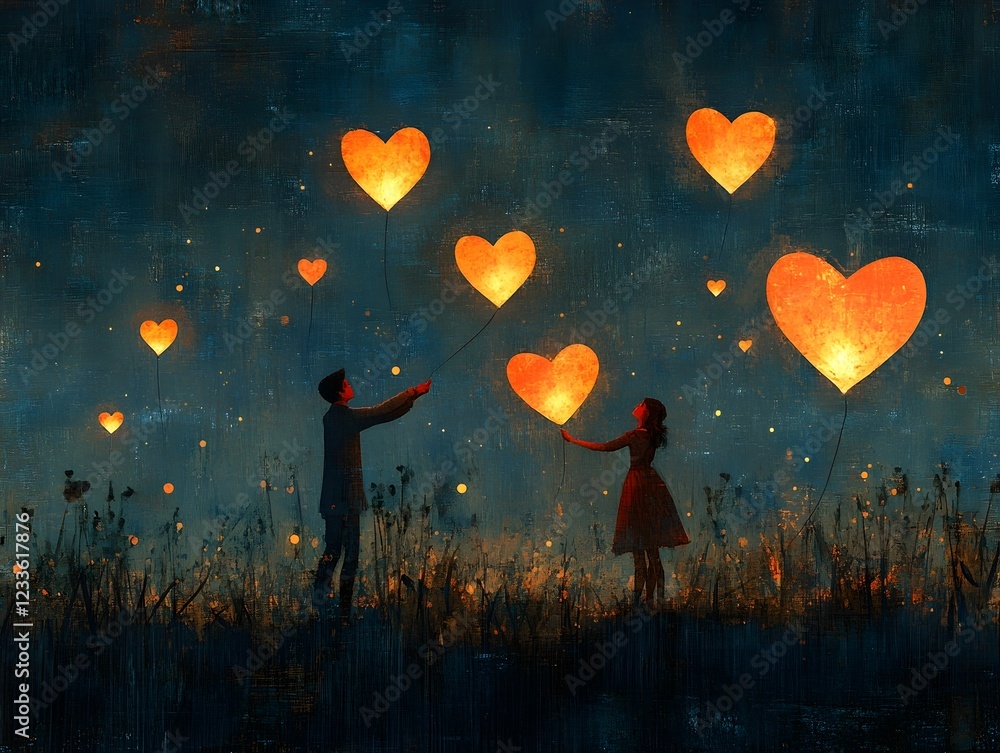 Silhouetted Couple Hold Glowing Hearts in Starry Night Landscape Silhouetted Couple Hold Glowing Hearts in Starry Night Landscape