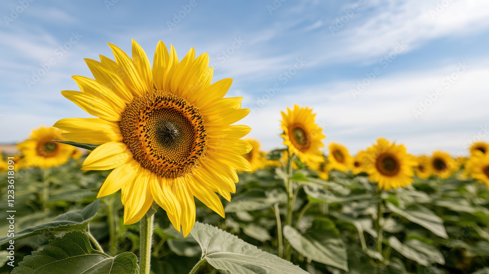 Bright sunflower field under clear blue sky, showcasing vibrant blooms Bright sunflower field under clear blue sky, showcasing vibrant blooms