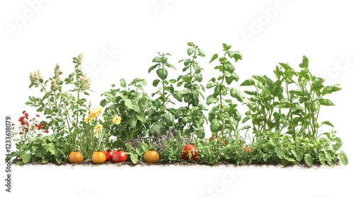 A vibrant permaculture vegetable garden featuring a variety of plants like beans, tomatoes, and herbs growing together sustainably, isolated on a white background
 photo