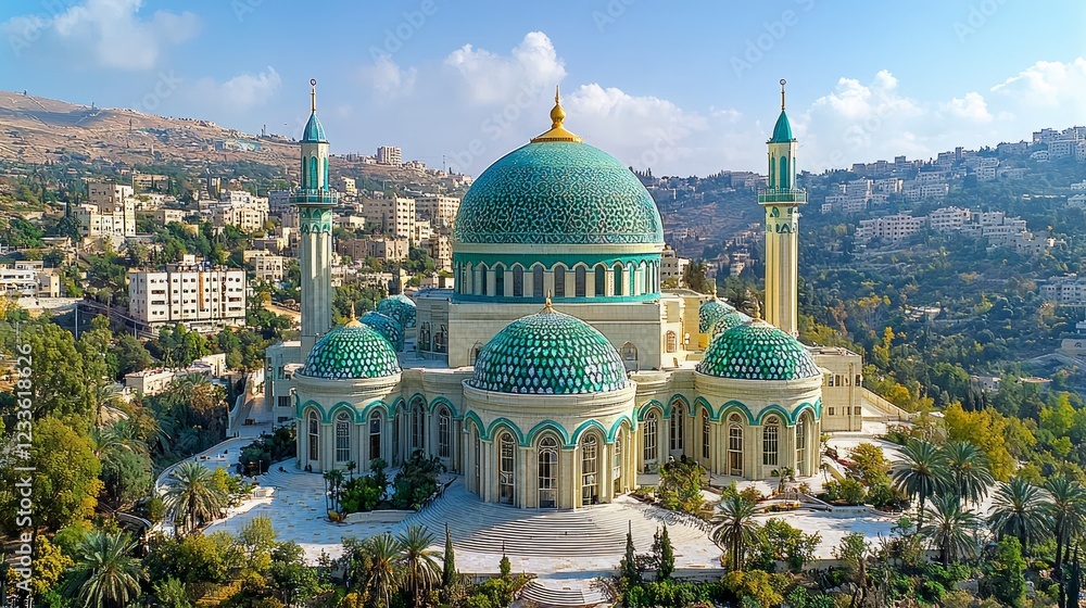 Obraz premium Majestic Mosque, Amman Hills, Jordan. Sunrise aerial view; travel, tourism