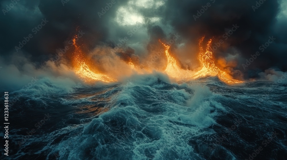 Fototapeta premium Fiery Ocean Apocalypse: A Dramatic Seascape of Volcanic Eruption and Tempestuous Waves