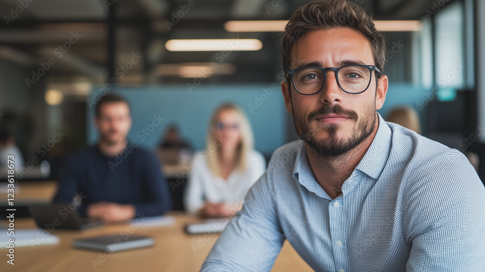 Confident Professional: Portrait of a serious and focused young businessman with glasses, sitting in a modern office with colleagues in the background. Confident Professional: Portrait of a serious and focused young businessman with glasses, sitting in a modern office with colleagues in the background.