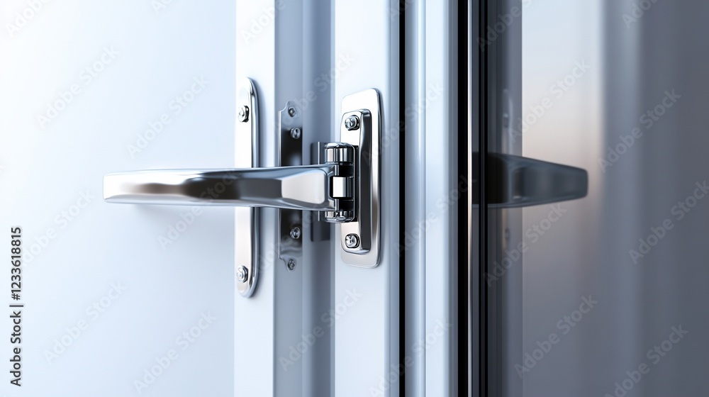 Modern Door Handle and Hinge Detail: Sleek Chrome Design on White Door Modern Door Handle and Hinge Detail: Sleek Chrome Design on White Door