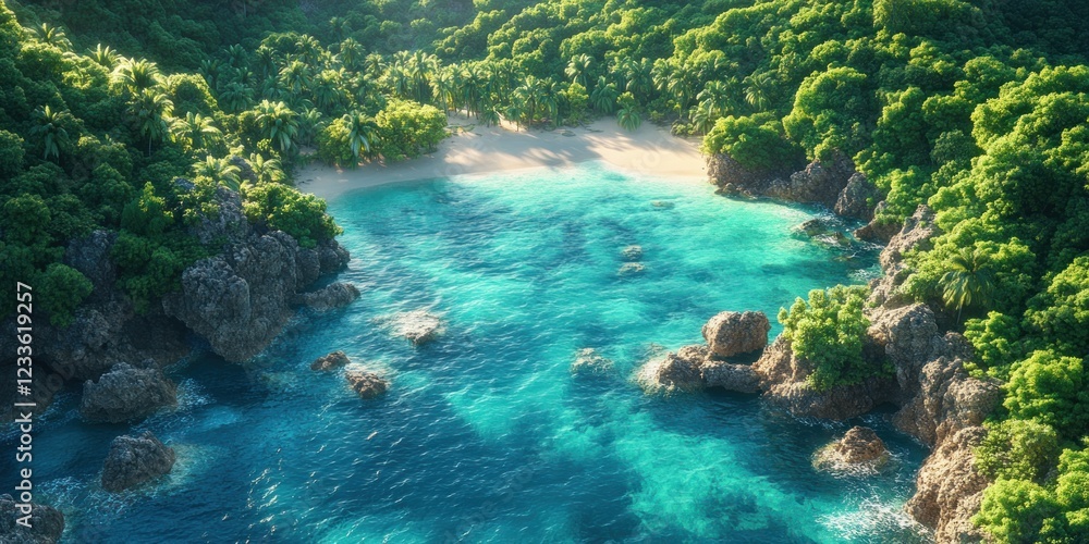 Secluded Tropical Beach Paradise: An Aerial View of Pristine Turquoise Waters, Lush Green Foliage, and a Hidden Sandy Cove Secluded Tropical Beach Paradise: An Aerial View of Pristine Turquoise Waters, Lush Green Foliage, and a Hidden Sandy Cove