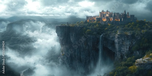 Majestic Castle Perched on a Clifftop Oasis, Enveloped in Misty Mountains