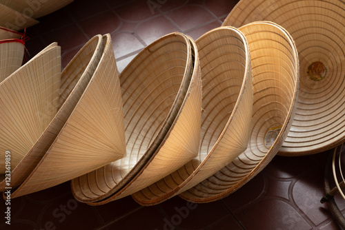 Vietnamese conical hats displays in the craft village of Chuong near Hanoi. Traditional and decorated non la hats