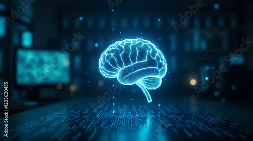 A futuristic digital illustration of a glowing brain with technological elements, representing artificial intelligence, neural networks, deep learning, cognitive computing, and the evolution of machin photo