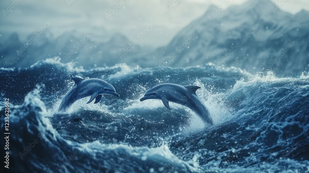 Obraz premium Two dolphins leap from ocean waves near mountains.