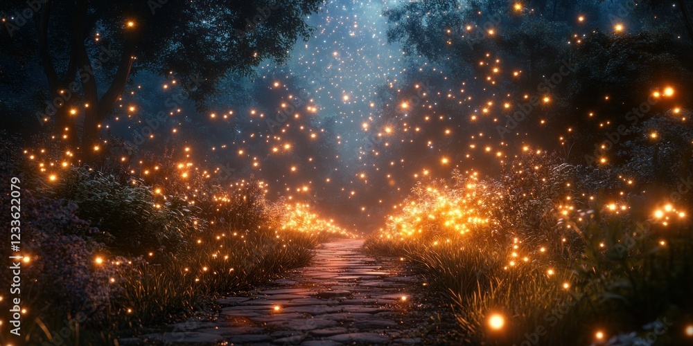 Naklejka premium Enchanted Forest Path: A Night of Fireflies