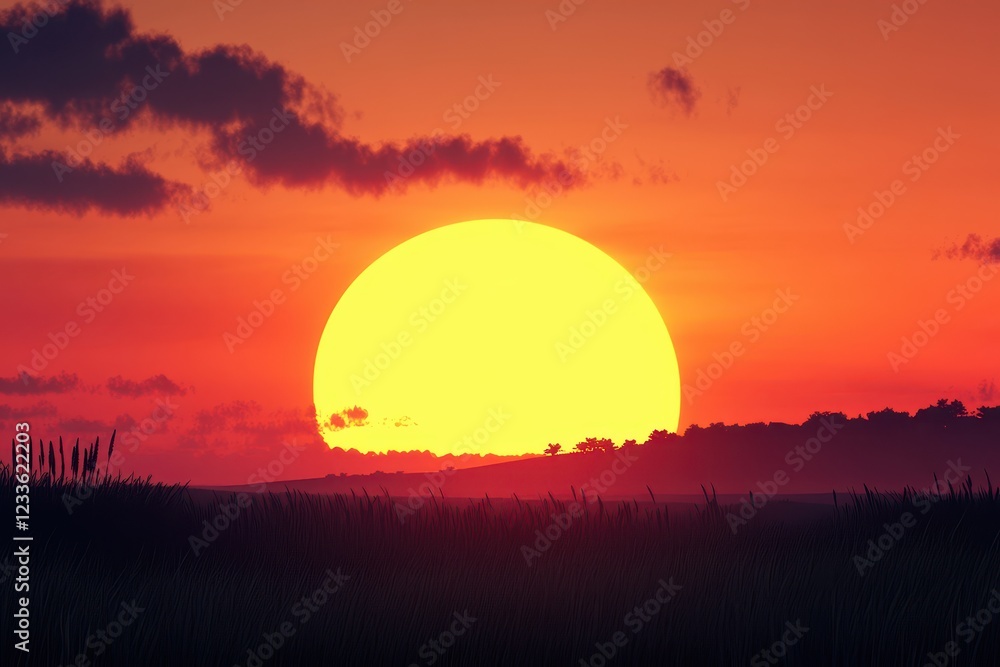 Sunset landscape, fiery sky, field, horizon, nature, serenity, peaceful, background, travel, website Sunset landscape, fiery sky, field, horizon, nature, serenity, peaceful, background, travel, website