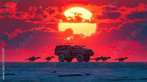 Fototapeta Naklejka Na Ścianę i Meble -  Sunset Safari Off-Road Adventure with Dinosaurs on a Vast Plain Under a Colorful Sky