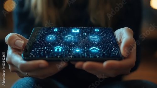 Wallpaper Mural A person holding a smartphone displaying digital home automation icons. Torontodigital.ca