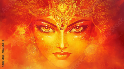 Chaitra Navratri poster painting, Goddess Durga's face in a full expression of courage and serenity, her sharp eyes shining with gold ornaments adorning her forehead