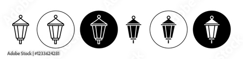 Street lamp icons set in black and blue colors on white background