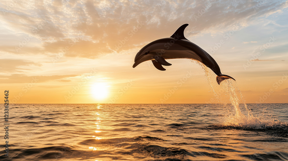 Fototapeta premium Dolphin leaping out of water under golden sunset sky