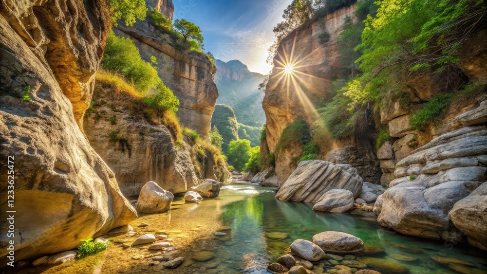 Fototapeta premium Scenic view of rock formation in canyon with small creek at Madonie Natural Park in Isnello , sunlight, mist