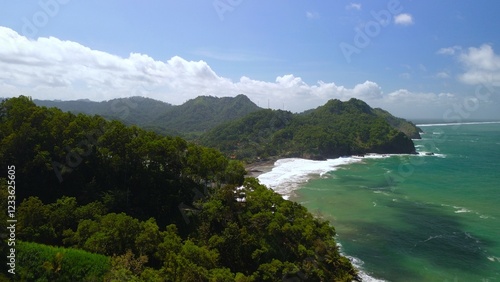 Bird eye view View of the coastline with hills and trees, cliffs, coral reefs and waves from the sea at Surumanis Beach, Kebumen, Central Java photo