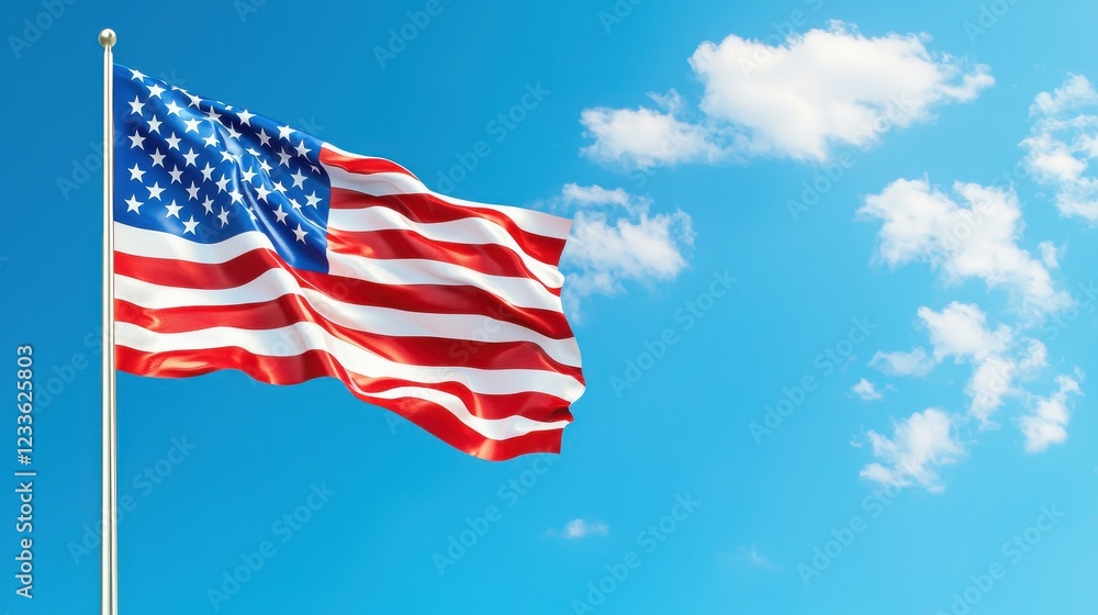Naklejka premium United States Flag Waving in Clear Blue Sky with Fluffy White Clouds on a Sunny Day