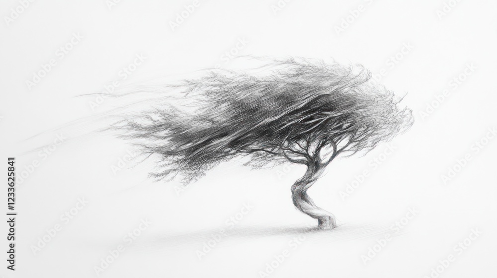 Fototapeta premium Windswept tree, white background, nature art, website banner