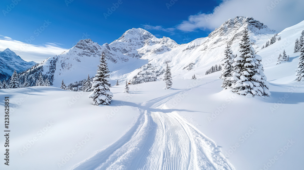 Obraz premium serene winter landscape featuring snow covered mountains and ski tracks