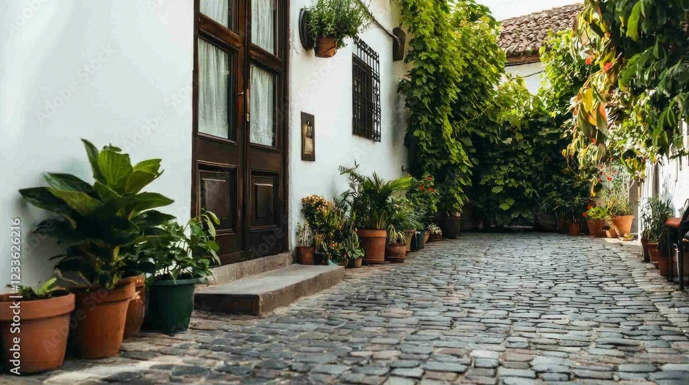 Fototapeta premium Charming European Cobblestone Street Potted Plants Lush Greenery Travel Background