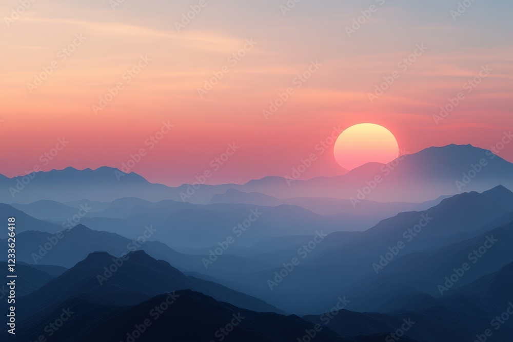 Sunset over hazy mountain range, peaceful landscape, serenity Sunset over hazy mountain range, peaceful landscape, serenity