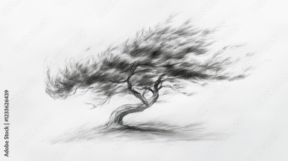 Fototapeta premium Windswept tree drawing, coastal landscape, artistic sketch, nature illustration