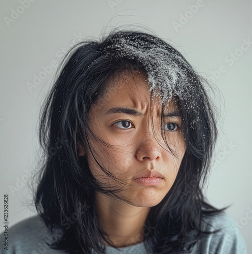 Asian woman with dark hair visibly in dandruff,a flaky, unkempt appearance.expression is irritated and annoyed,furrowed brows,a slight scowl. Stray strands in hair stick out messily,disheveled looking photo