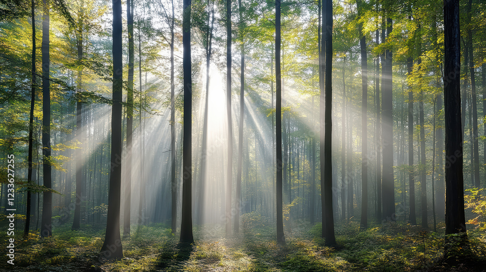 Fototapeta premium foggy autumn morning in forest with soft golden light streaming through trees