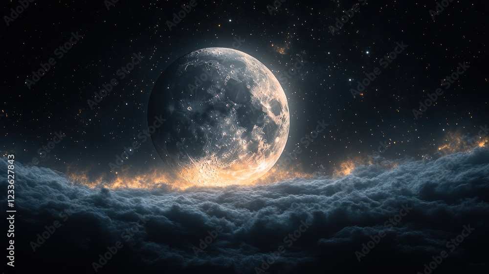 Fototapeta premium Celestial Night: A Majestic Full Moon Above a Sea of Clouds